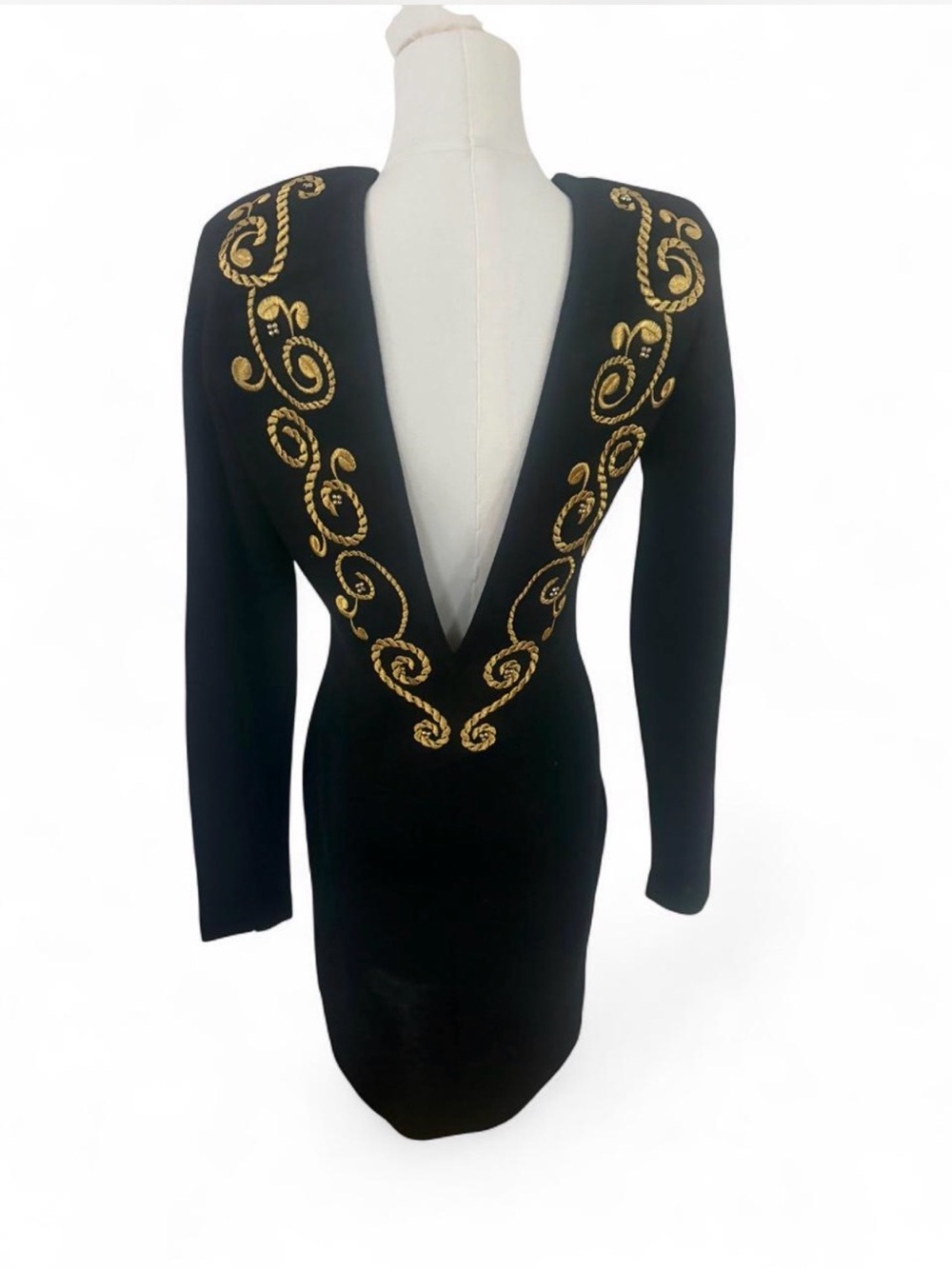 Black Long-Sleeve Dress with Gold Embellished Deep V Back